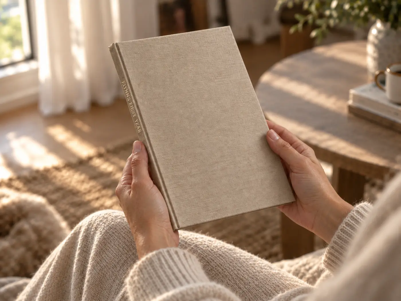 Hands holding a closed linen Photouria book, the title foiled down its spine
