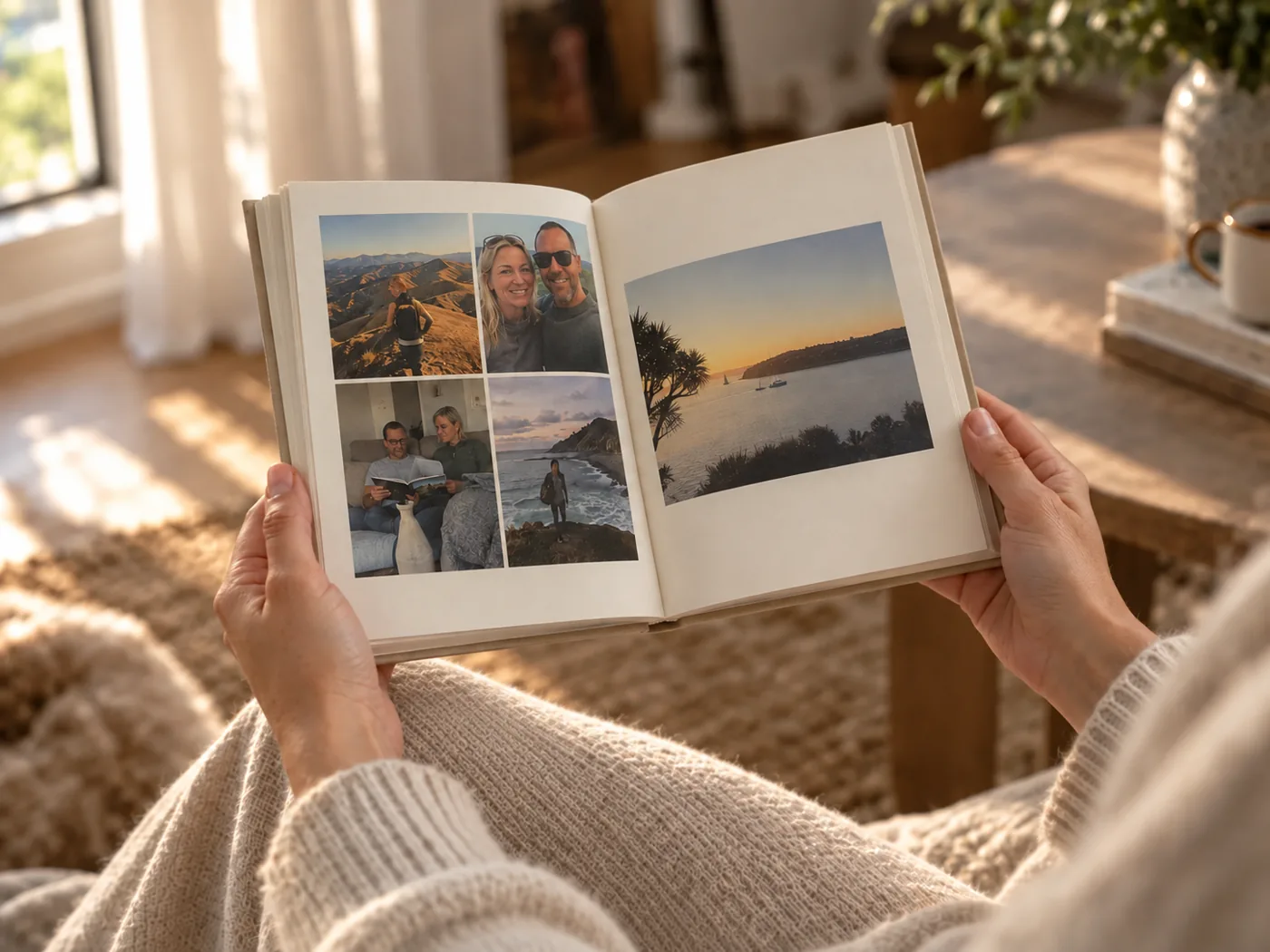 The same book open in the same hands, a spread of photographs on matte paper