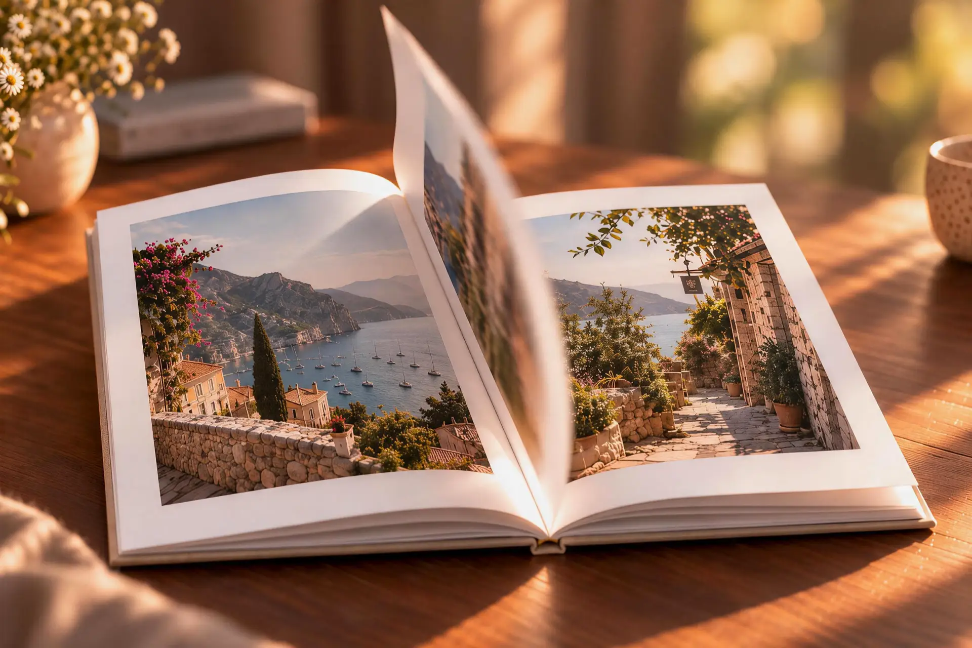 A linen hardcover photo book open on a table in late afternoon light