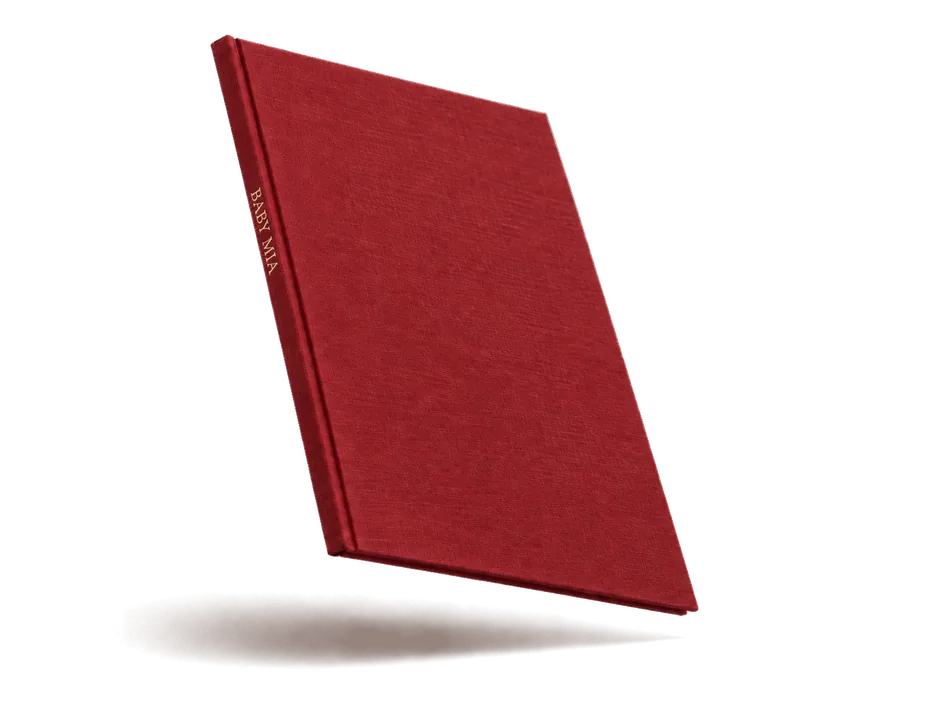 Claret linen photo book, title foiled on the spine