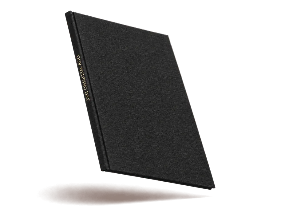 Ink linen photo book, title foiled on the spine