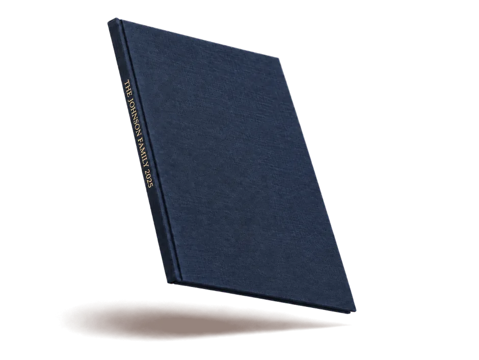 Navy linen photo book, title foiled on the spine