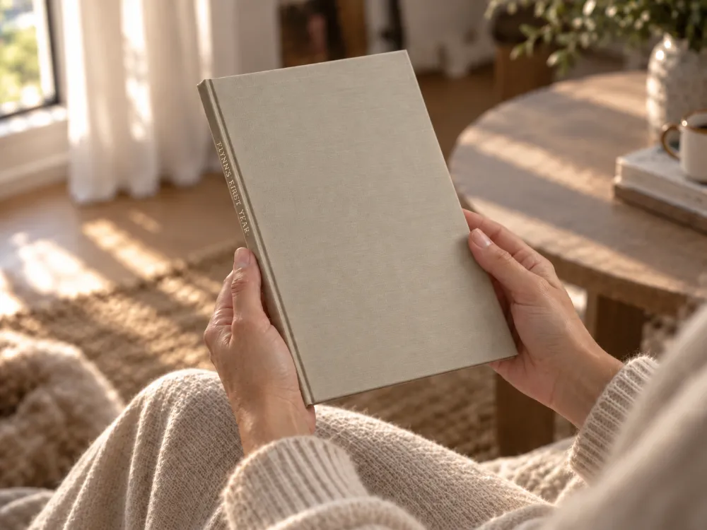 Two hands holding a tan linen hardcover photo book, with FLYNN'S FIRST YEAR on the spine, in a sunlit living room.