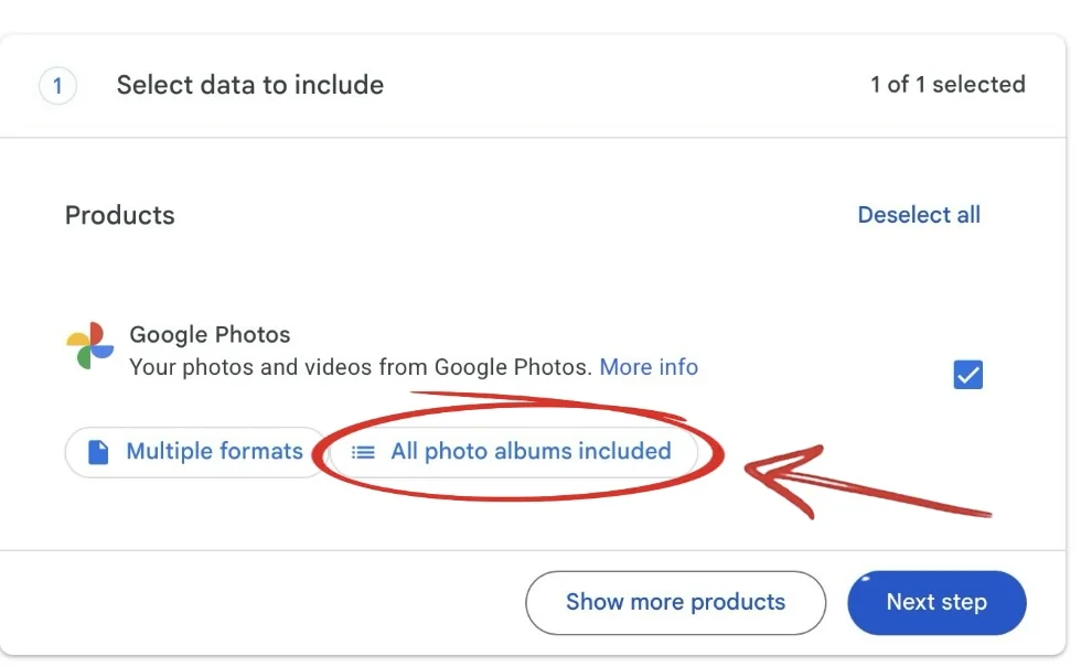 The same Google Takeout screen a few seconds later: an All photo albums included button has now appeared inside the red circle, beside Multiple formats.