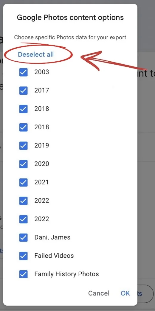 The Google Photos content options dialog. Deselect all, circled in red at the top, sits above a list of ticked years and albums.