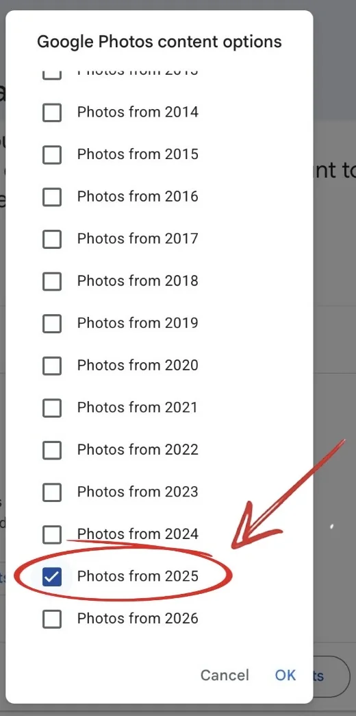 The same dialog scrolled down to a list of years, every box now unticked except Photos from 2025, which is ticked and circled in red.