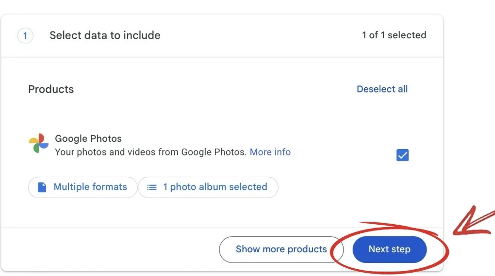 Back on the Takeout screen, the button now reads 1 photo album selected. The blue Next step button at the bottom right is circled in red.